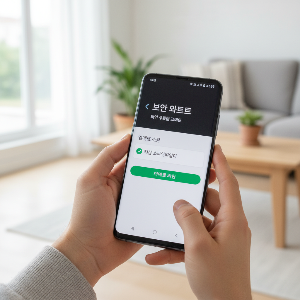 A clean smartphone screen showing security update settings menu in Korean, hands holding Samsung Galaxy phone, bright natural lighting, lifestyle photography style, modern home interior background, reassuring and safe atmosphere, no text