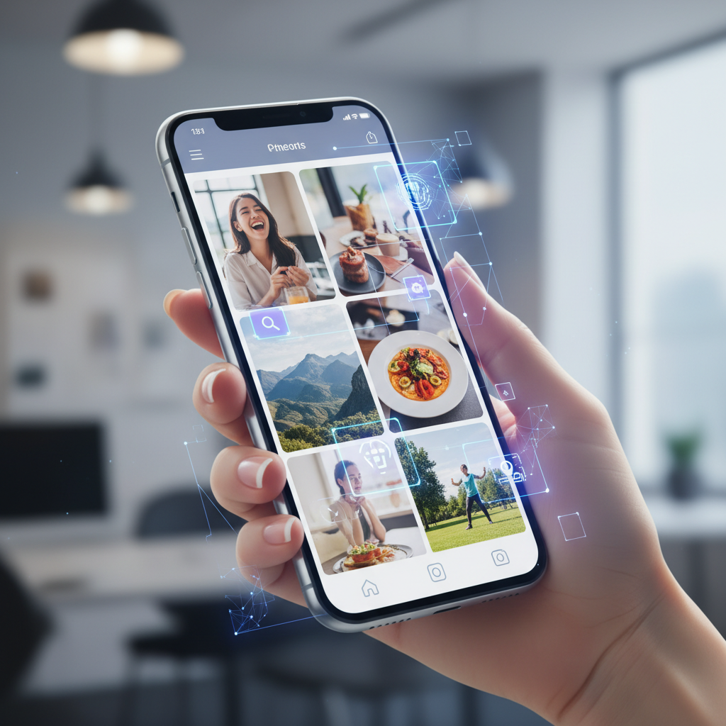 A modern smartphone displaying a photo gallery with AI analysis interface overlay, showing colorful lifestyle photos being scanned by artificial intelligence technology, clean tech illustration style with soft blue and purple gradient lighting, Korean person's hand holding phone, no text in image