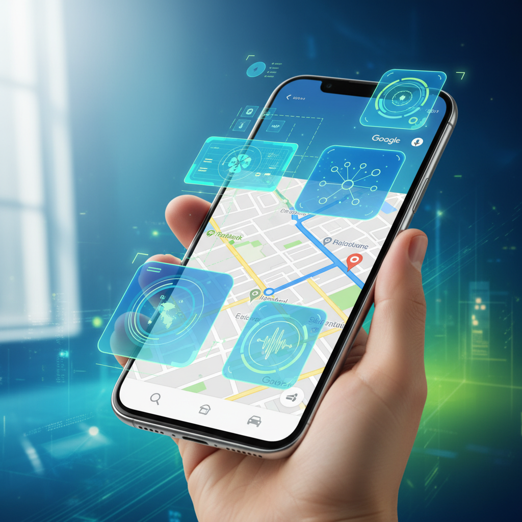 Modern smartphone displaying Google Maps interface with AI assistant features, vibrant blue and green gradient background, futuristic digital interface elements, clean design with navigation icons, bright natural lighting, high-tech atmosphere, no text in image
