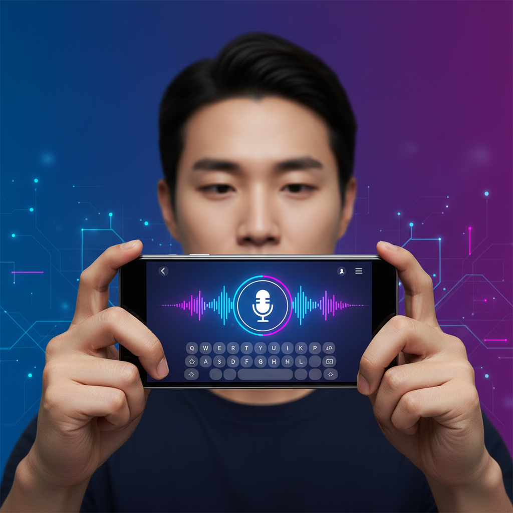 A sleek smartphone screen displaying a voice keyboard interface, with sound waves emanating from a microphone icon. The background is a gradient of blue and purple, with subtle abstract tech patterns. Clean infographic, modern layout, high contrast. No text. Korean appearance person with natural expression using a smartphone.