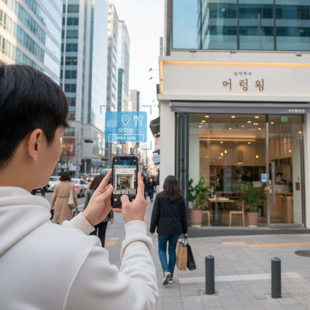 A Korean person holding smartphone camera pointed at a restaurant storefront, AR overlay showing location information. Realistic urban street scene with natural daylight, modern city environment. Lifestyle photography style, no text in image.