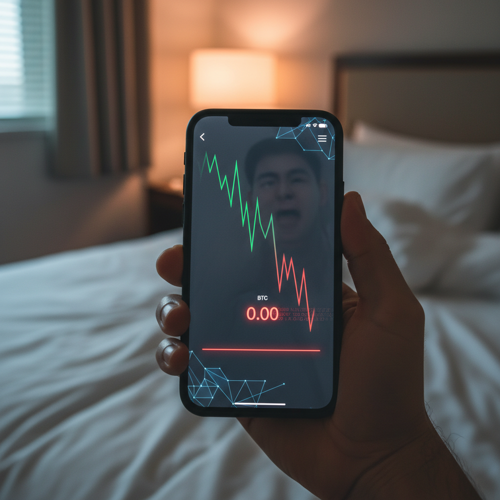 A close-up shot of a Korean person's hand holding a smartphone, displaying an cryptocurrency wallet app interface. The balance shows a significant amount of Bitcoin vanishing, represented by a declining graph or a "zero" balance. The background is a dimly lit hotel room, creating a sense of urgency and distress. The app UI is clean and modern, no text. Style: modern layout, high contrast.