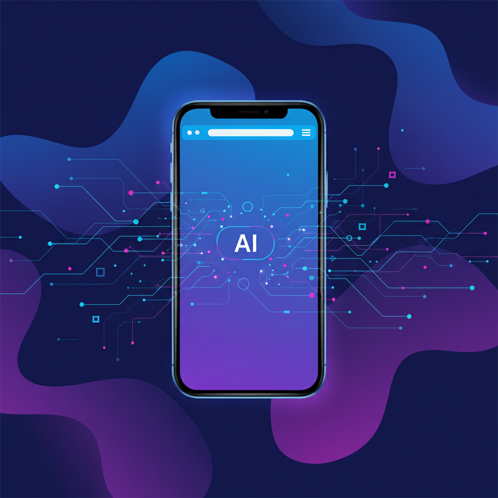 clean infographic, modern layout, high contrast, a smartphone displaying an AI browser interface with abstract data flowing, futuristic blue and purple gradient background, no text.