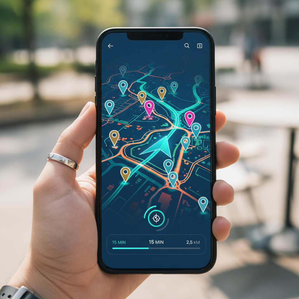 A smartphone screen displaying an AI-powered navigation app with modern interface, vibrant map colors, and location pins. Realistic lifestyle photography with natural lighting, focus on the phone held by Korean person's hand. Clean background, no text in image.