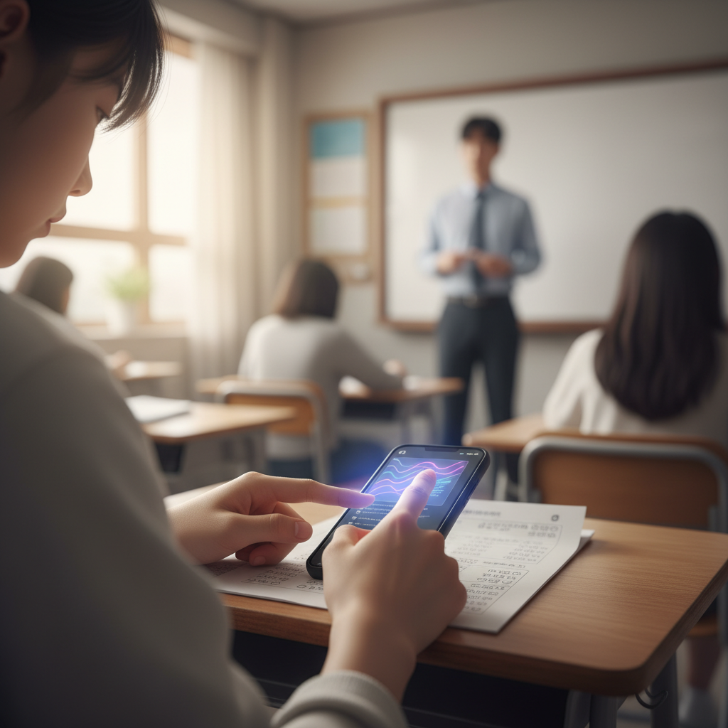 A student discreetly taking a photo of a test question with a smartphone under the desk, with a faint glow of ChatGPT's interface implied on the phone screen. A proctor is vaguely visible in the background, unaware. Style: lifestyle photography, warm ambient lighting, natural classroom setting, focus on the student's hands and phone. No visible text. Korean appearance.