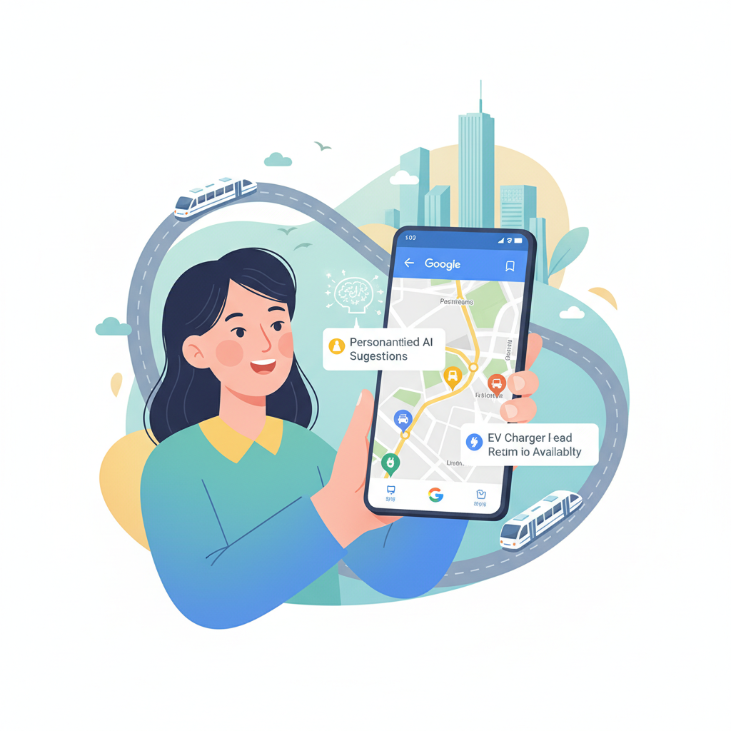 A Korean person happily using a smartphone with the Google Maps app open, showcasing new features like AI-powered tips and EV charger availability. The background is a vibrant city scene with subtle transportation elements. Style: modern infographic with soft, natural lighting, no visible text.