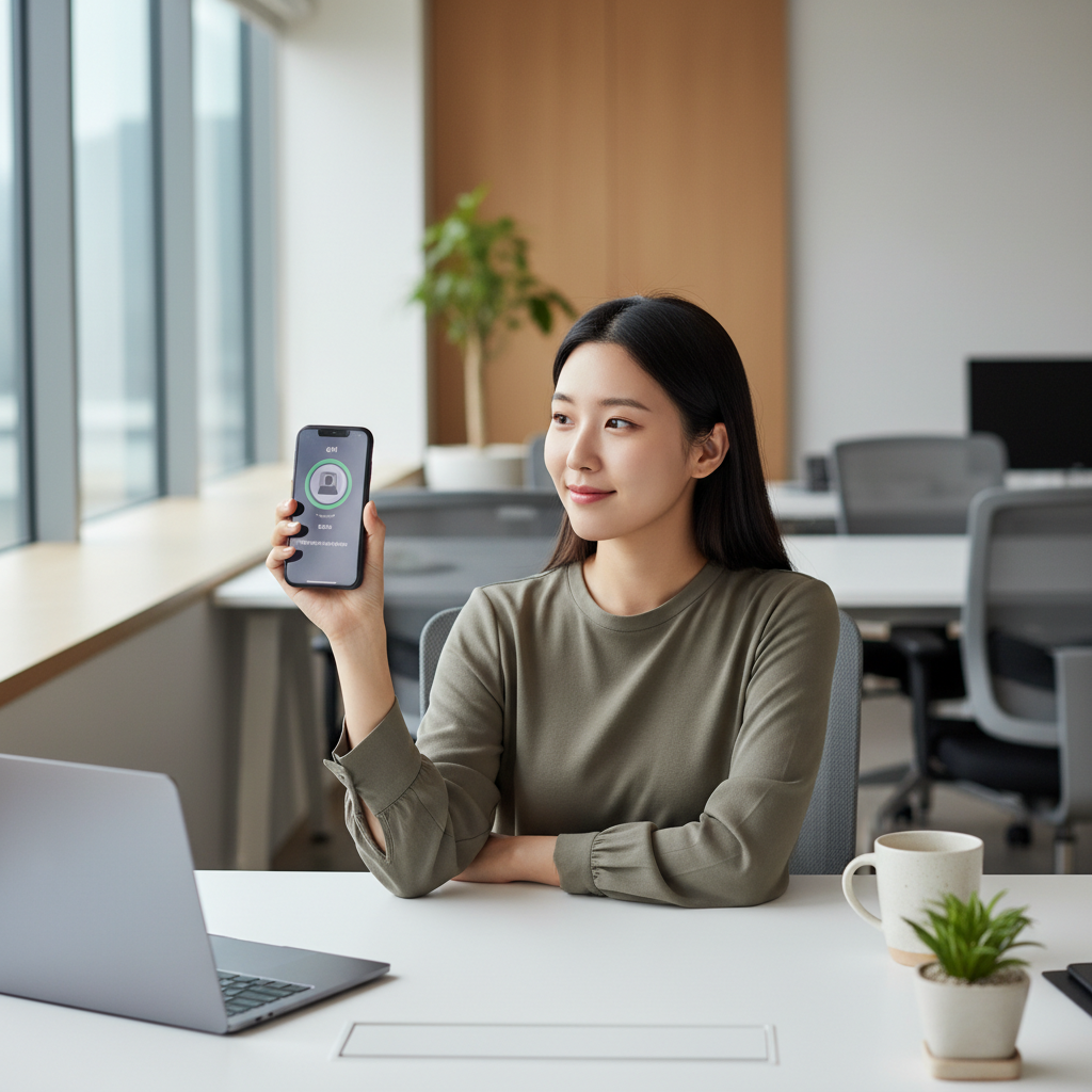 A lifestyle photography showing a Korean person using Siri AI assistant on iPhone in modern office setting, natural lighting from window, person looking at phone screen with satisfied expression, clean minimalist workspace, professional photography style, no text in image