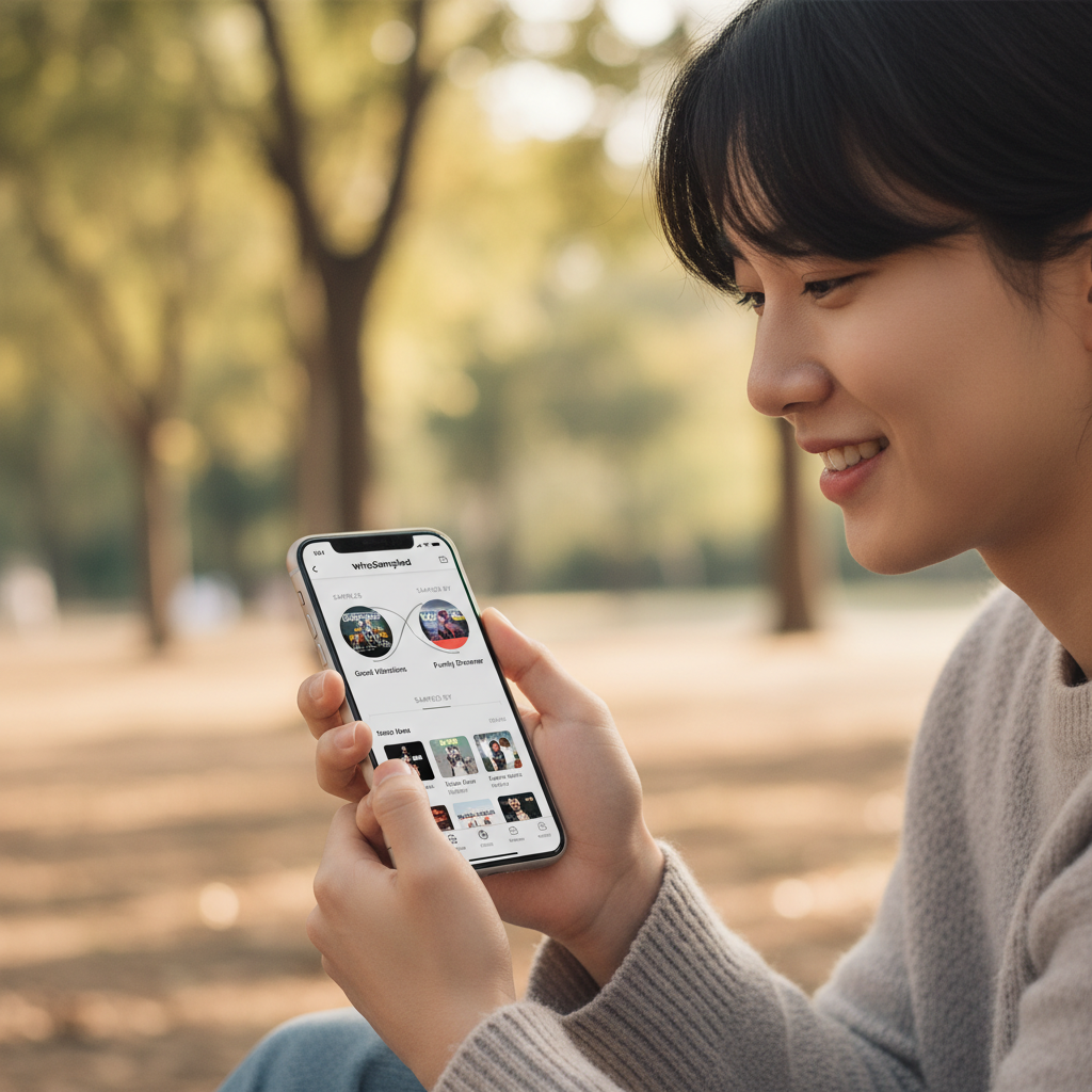 Lifestyle photography of a Korean person smiling while using the WhoSampled mobile app on a smartphone, showing a clean, ad-free interface. Warm lighting, natural setting, centered focus. No text.