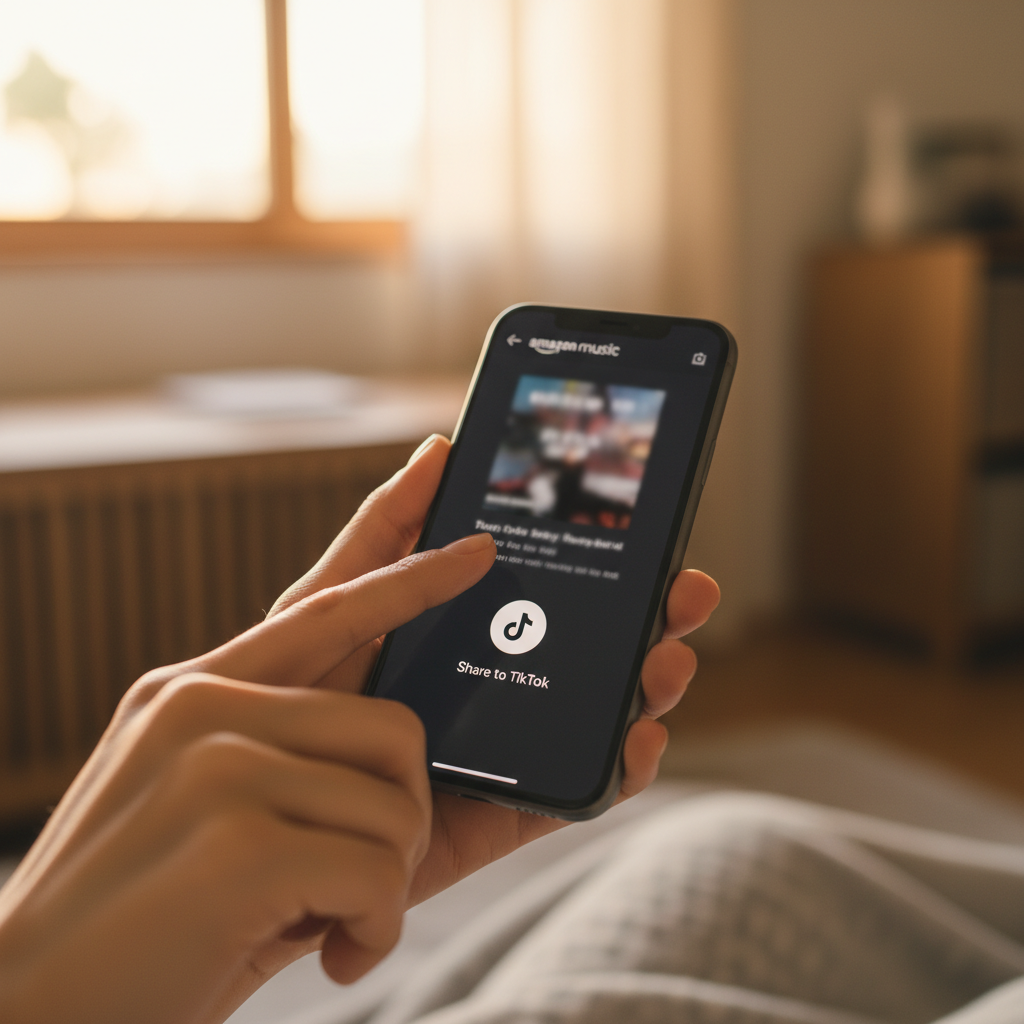 A close-up shot of a Korean hand holding a smartphone, with the Amazon Music app open on the screen. The user's finger is about to tap a "Share to TikTok" button. The background is softly blurred with warm, natural lighting, implying a cozy, personal music listening moment. Style: lifestyle photography, warm lighting, natural setting. No visible text in image.