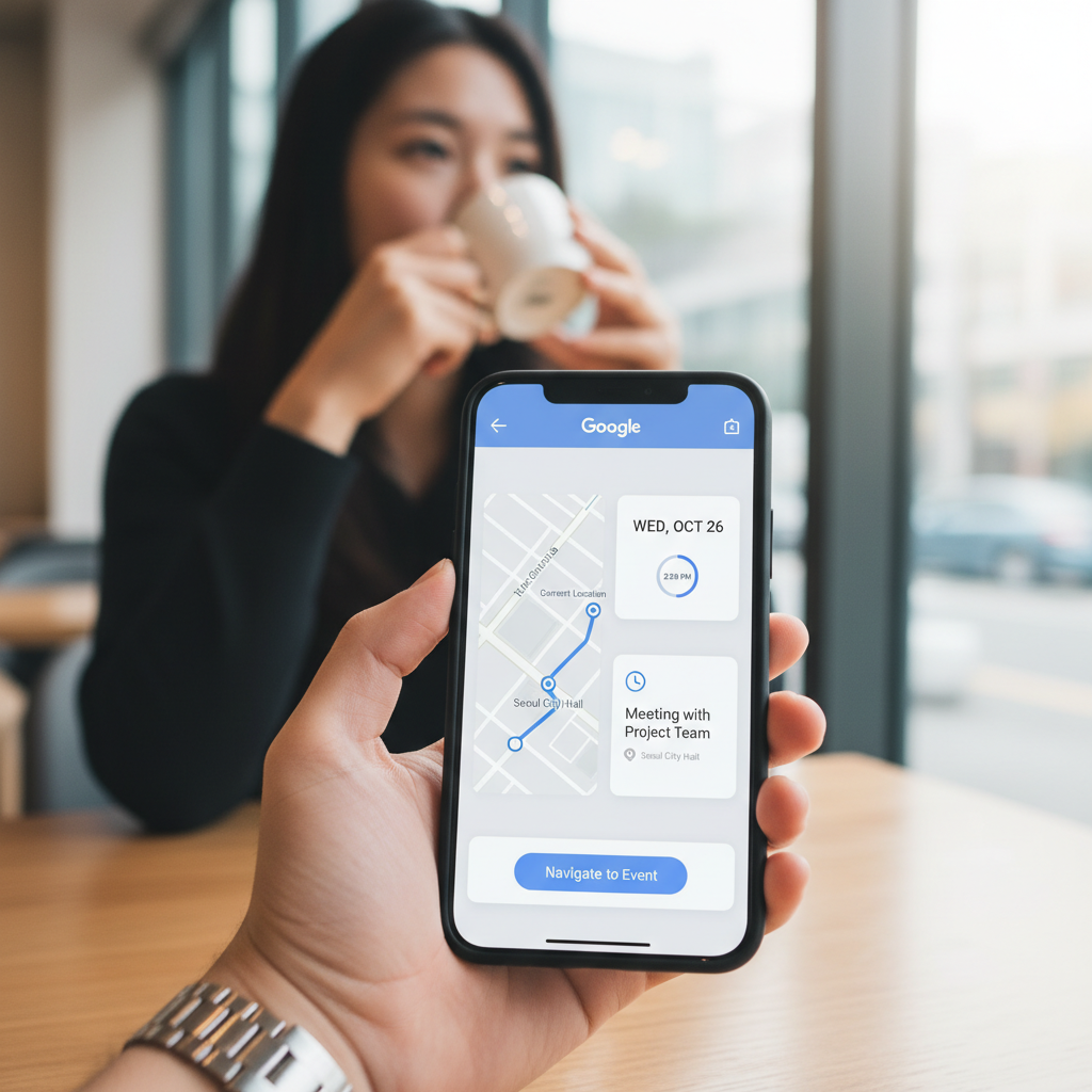 Smartphone screen showing Google Maps and calendar integration interface, with event scheduling and navigation combined. Clean UI design, modern lifestyle setting with Korean user. Soft natural lighting, no text in image.