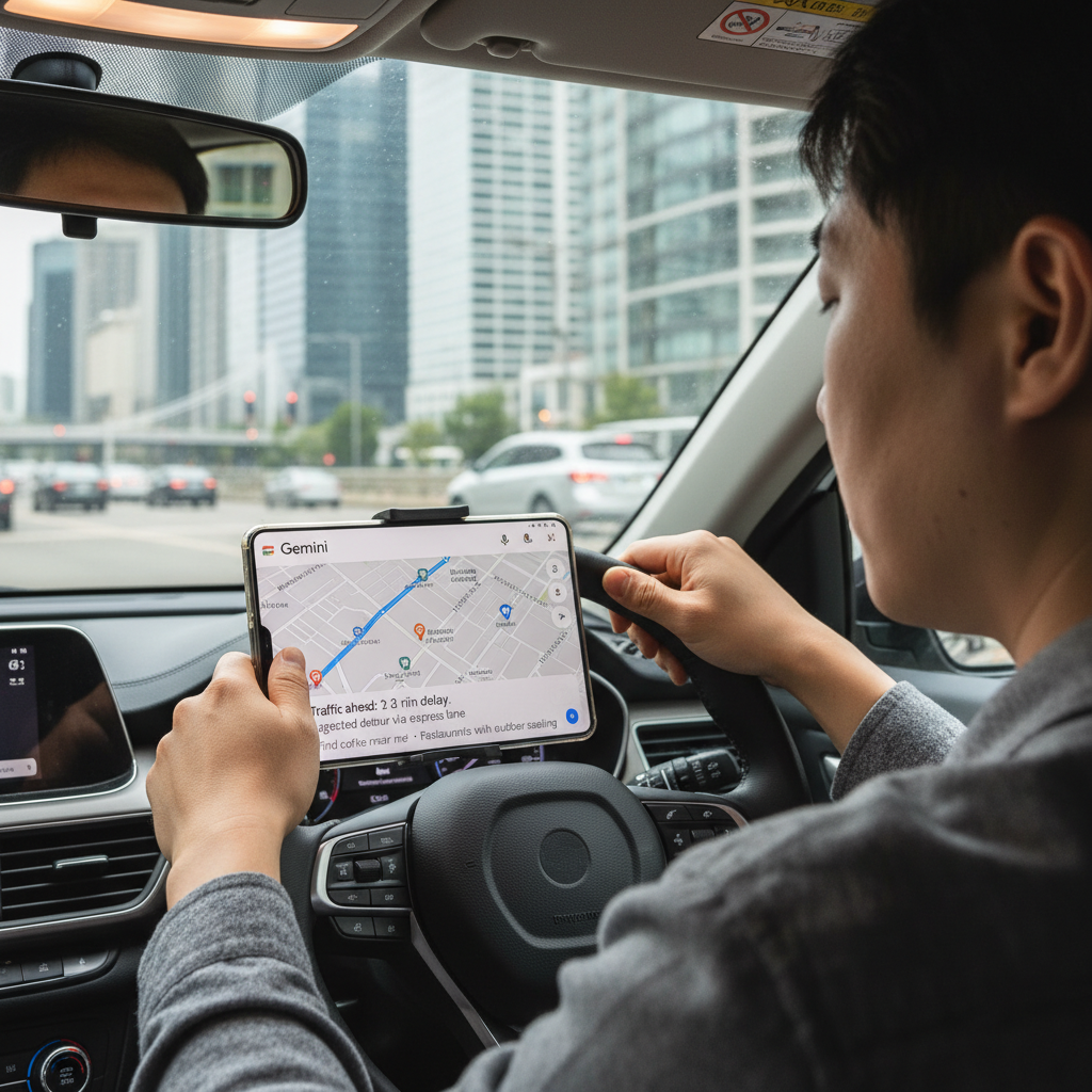 A Korean person driving a car, looking at a smartphone displaying Google Maps with Gemini integration. The interface shows navigation and AI suggestions. Style: lifestyle photography, natural lighting, city background, no text in image.