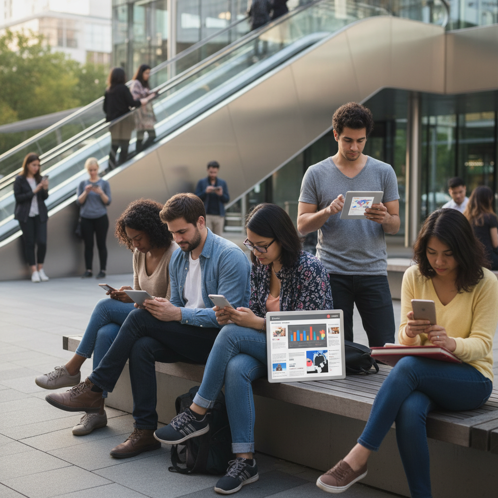 People looking at smartphones and tablets with various news headlines displayed on screens, modern urban setting with soft natural lighting, realistic lifestyle photography showing information consumption, no text