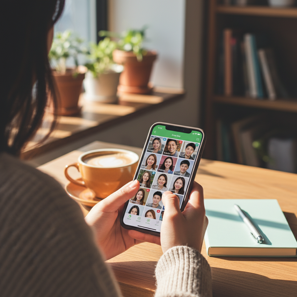 A young Korean person using a dating app on smartphone in a cozy cafe setting, warm natural lighting, lifestyle photography style, modern and casual atmosphere, close-up shot showing the phone screen with colorful interface, no text in image