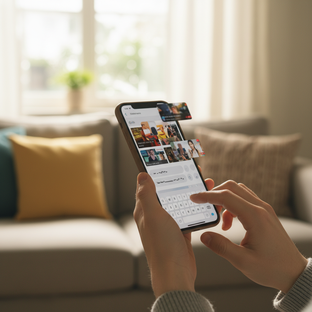 A close-up shot of a Korean-looking person's hands holding a smartphone, actively typing a message within a chat interface, with YouTube video thumbnails visible in the background of the chat. The background is a soft-focused living room setting, natural lighting, and a warm atmosphere. Lifestyle photography. No visible text in the image. No Korean characters.