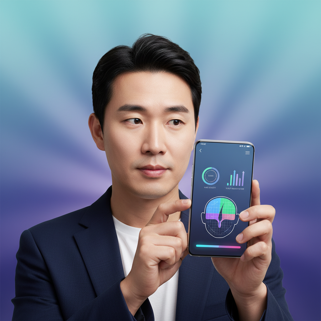 A Korean man in his 30s using a smartphone app to analyze his hair and scalp. The app interface is clean and futuristic, showing hair density measurements and health indicators. The background is a soft, modern gradient, reflecting technology and wellness. Style: clean infographic, modern layout, high contrast. No text.
