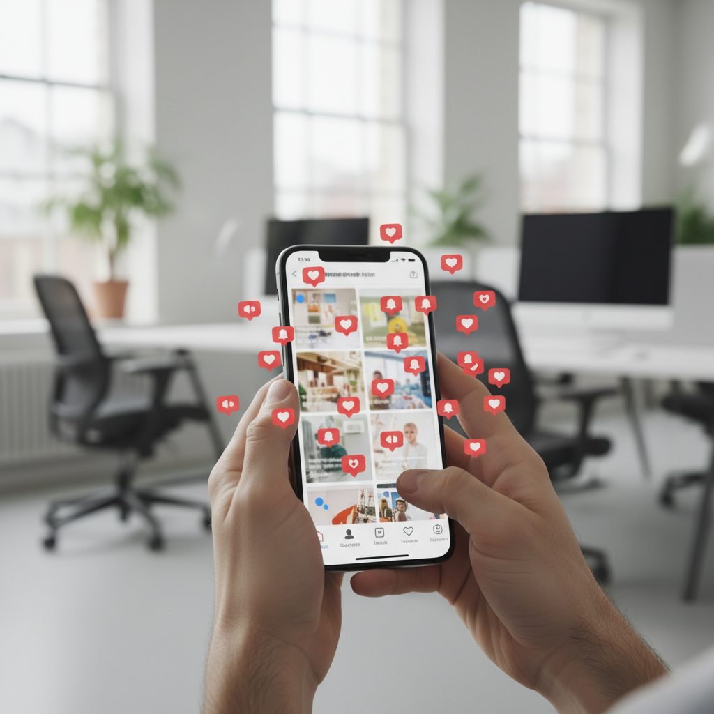 Close-up of hands holding a smartphone with social media interface, multiple notification icons appearing on screen, modern office background with soft natural lighting, realistic lifestyle photography, no text in image