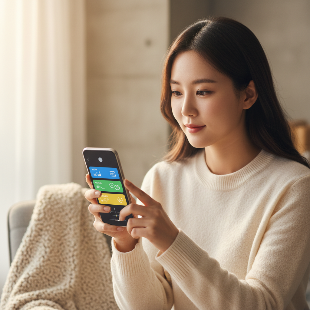 A Korean user looking at a smartphone screen that clearly displays organized and summarized notifications. The background is a blurred office or home setting, emphasizing smart communication. Lifestyle photography, natural lighting. No visible text. Textured background.
