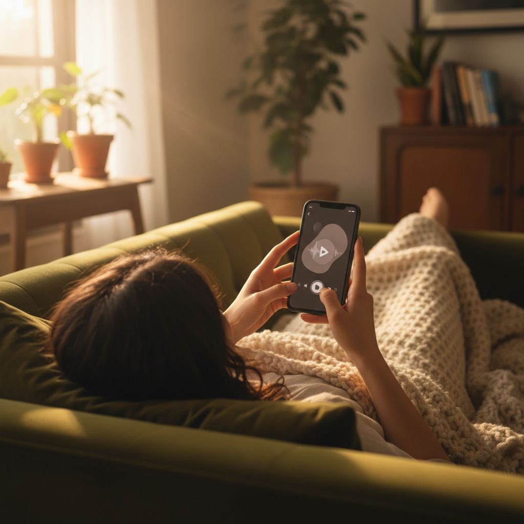 Close-up of hands holding smartphone with audiobook player interface, person relaxing on couch with soft blanket, warm afternoon sunlight streaming through window, cozy home atmosphere, natural lifestyle scene, Korean appearance, comfortable casual setting, rich warm tones, no text
