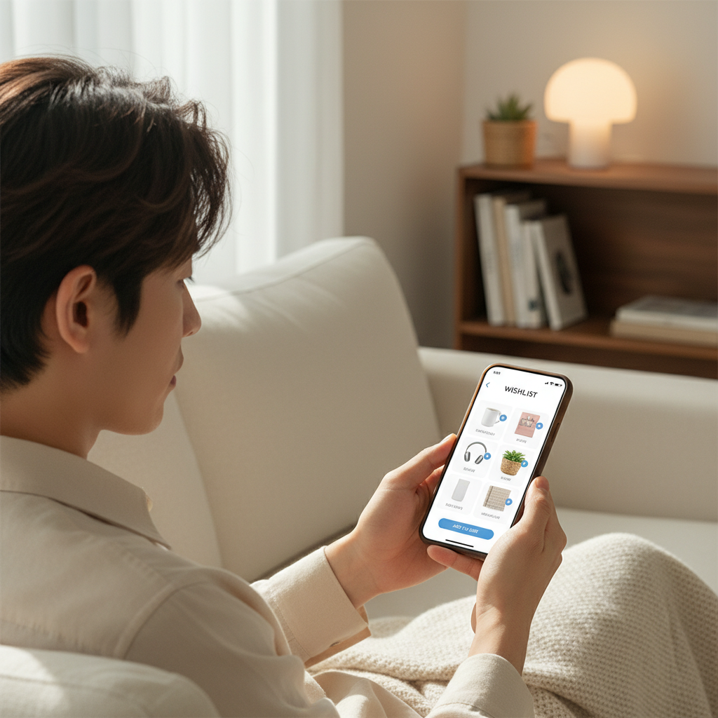 A Korean person checking a wishlist app on smartphone with shopping items displayed on screen, bright modern lifestyle photography, natural lighting, cozy home setting, realistic details showing app interface, no text in image