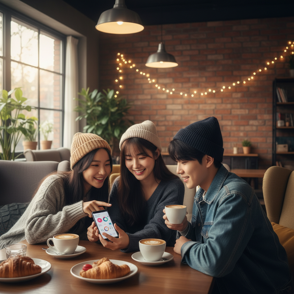Young Korean person sharing music statistics on smartphone with friends in a cozy cafe setting, warm ambient lighting, lifestyle photography, natural candid moment, modern casual atmosphere, realistic details, no text in image