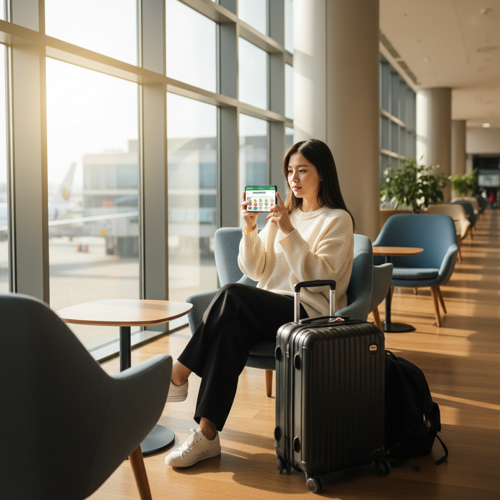 Young Korean traveler sitting in modern airport lounge, holding smartphone and browsing grocery shopping app, bright natural window lighting, casual travel outfit, luggage beside, contemporary lifestyle photography, warm color palette, no text