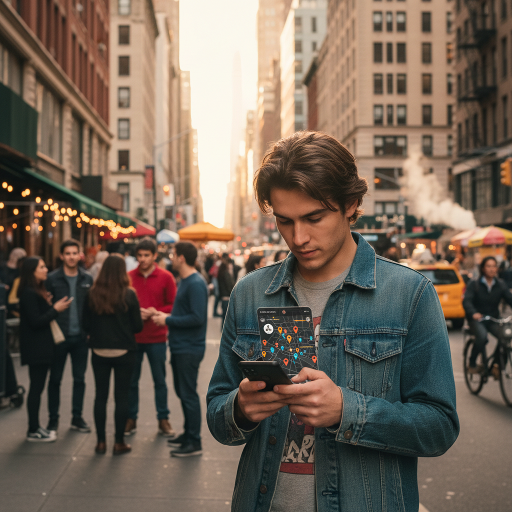 A young person in their twenties holding a smartphone in a vibrant New York City street scene, checking a social app with location pins visible on screen, urban lifestyle photography, warm evening lighting, bustling background with cafes and people, no text