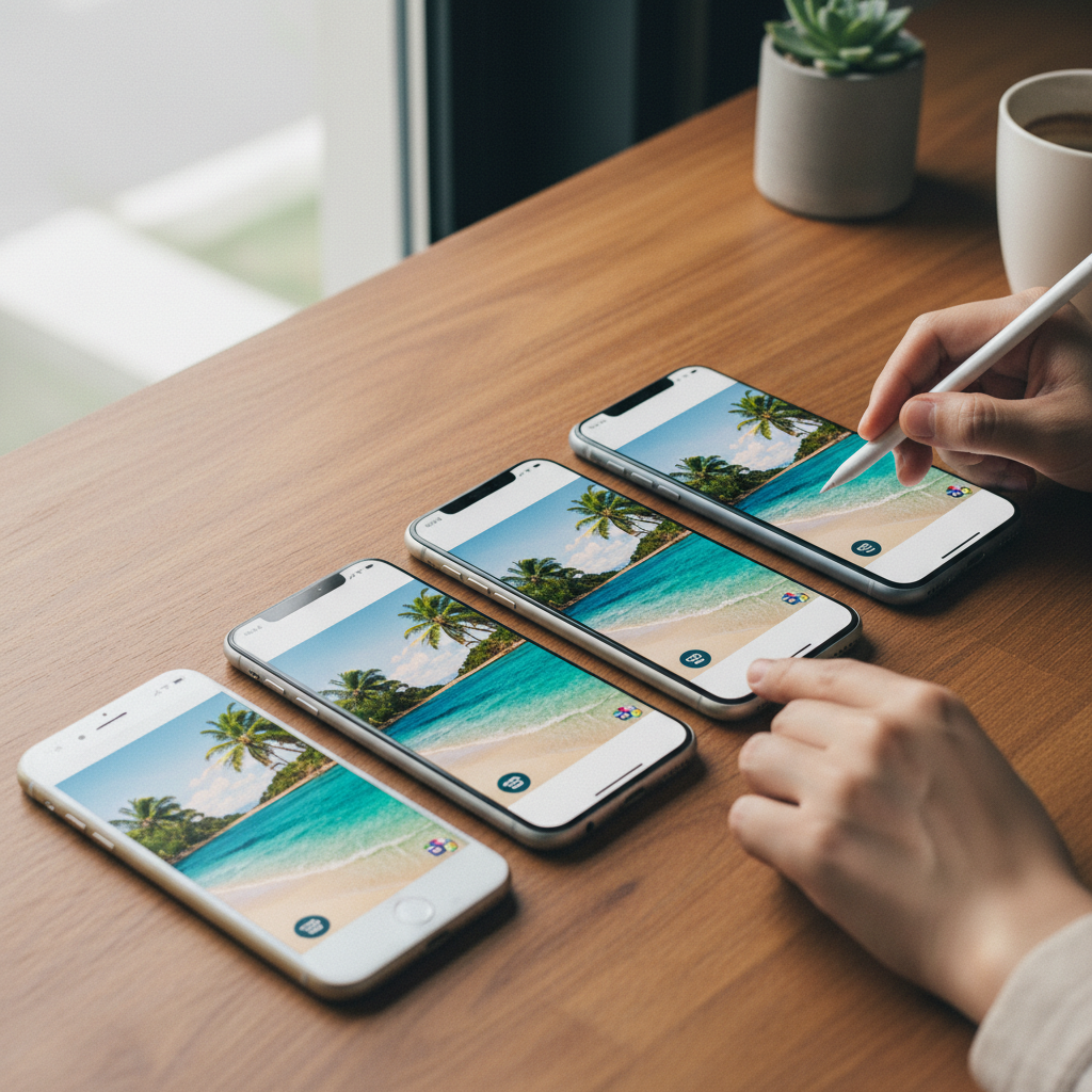 Multiple smartphones showing edited photos side by side, iOS and Android devices together, warm wooden desk background with natural window light, lifestyle photography, Korean hands interacting with devices, realistic scene, no text in image