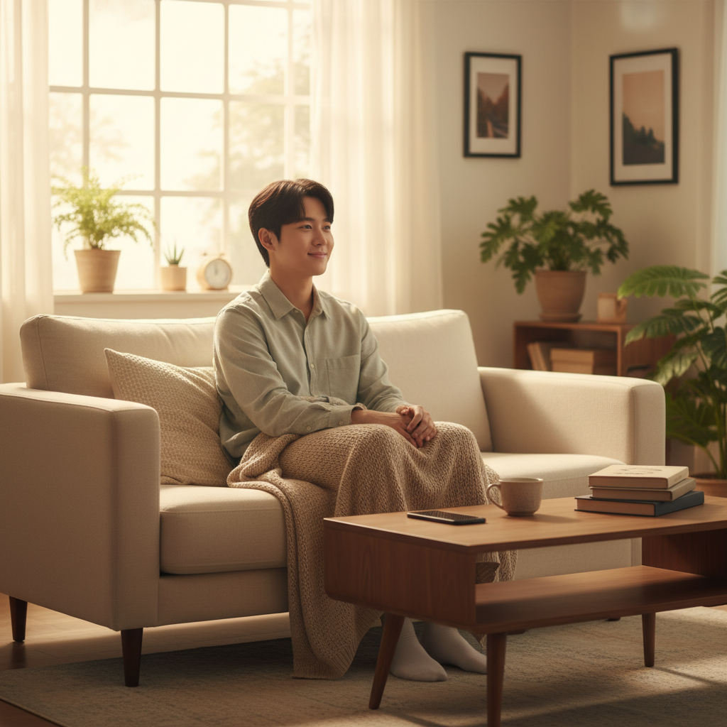lifestyle photography, warm lighting, natural setting. A person is sitting comfortably on a sofa, smiling slightly, with their smartphone placed face down on a coffee table next to them. The background shows a cozy living room with soft, indirect lighting. The overall mood is calm and peaceful, suggesting a break from digital devices. Korean appearance, natural expression, centered focus.