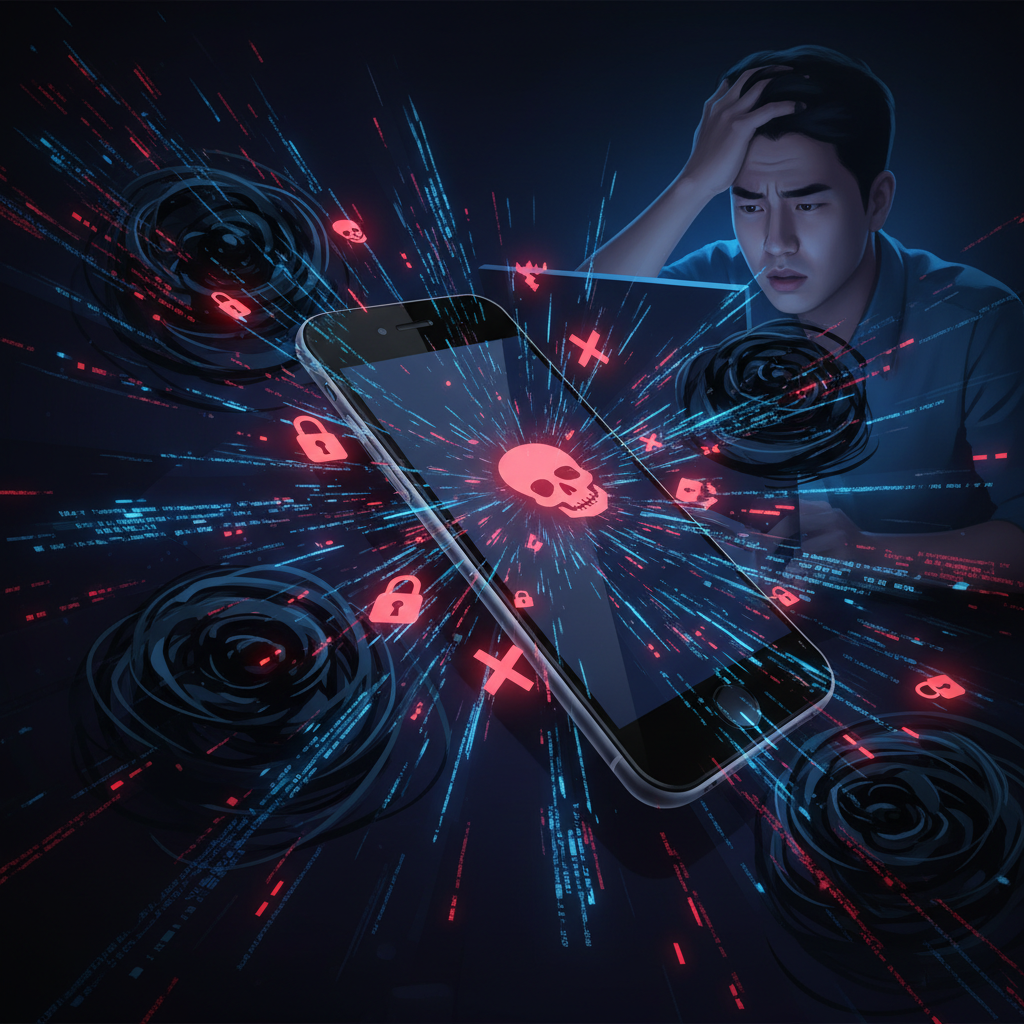 A dark digital illustration showing a smartphone surrounded by glowing red warning symbols and data streams being extracted, representing cyber espionage attack. Dramatic lighting with blue and red tones, technology security theme, Korean smartphone user in background looking concerned, cinematic style, no text