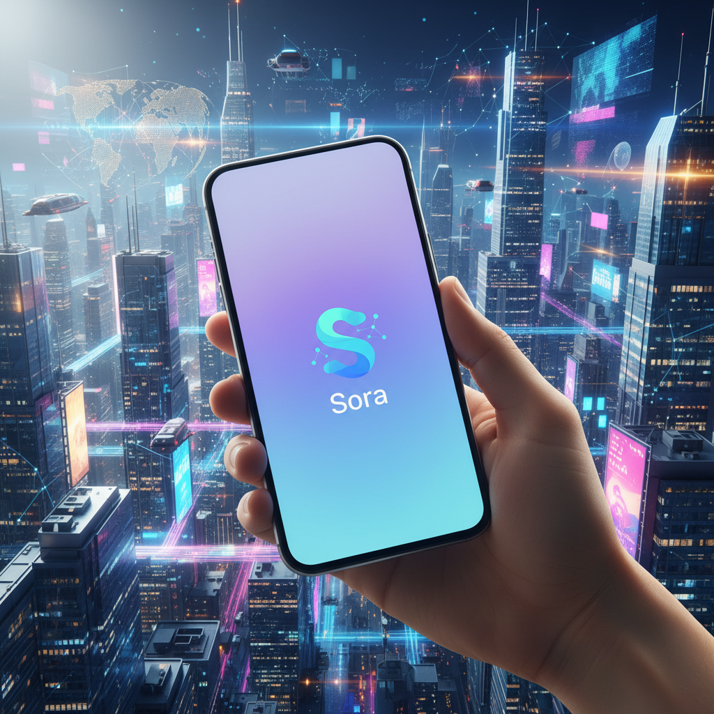 A close-up shot of a hand holding a smartphone, displaying the Sora app icon on the screen. The background is a vibrant, futuristic cityscape, suggesting advanced technology and global reach. Style: clean infographic with a touch of modern design. No text in image.