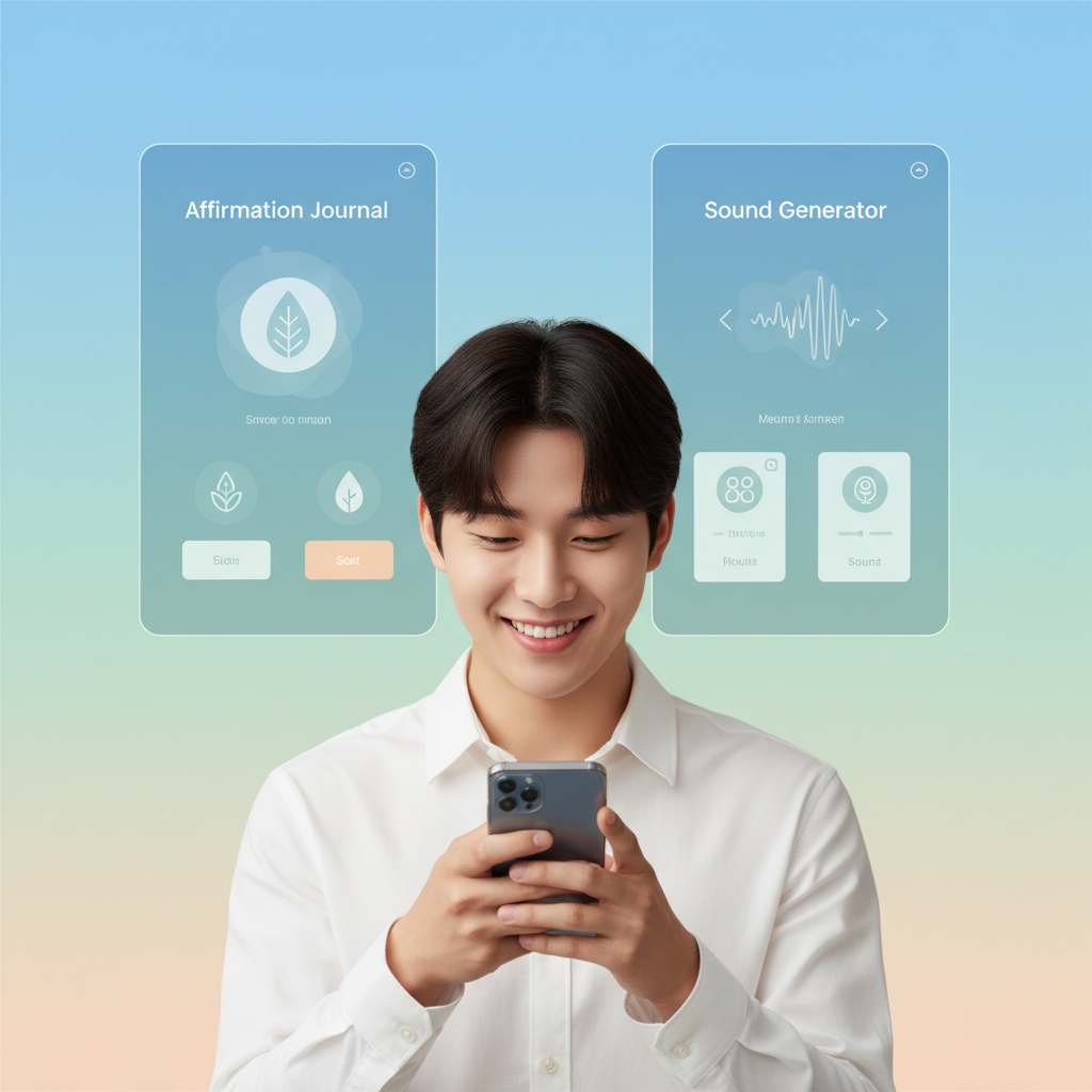 A young Korean person smiling while looking at their smartphone, with a clean infographic overlay showing digital well-being app interfaces like an affirmation journal and sound generator. Style: clean infographic, modern layout, high contrast. Colored background with soft gradients, natural lighting, centered focus, no text.