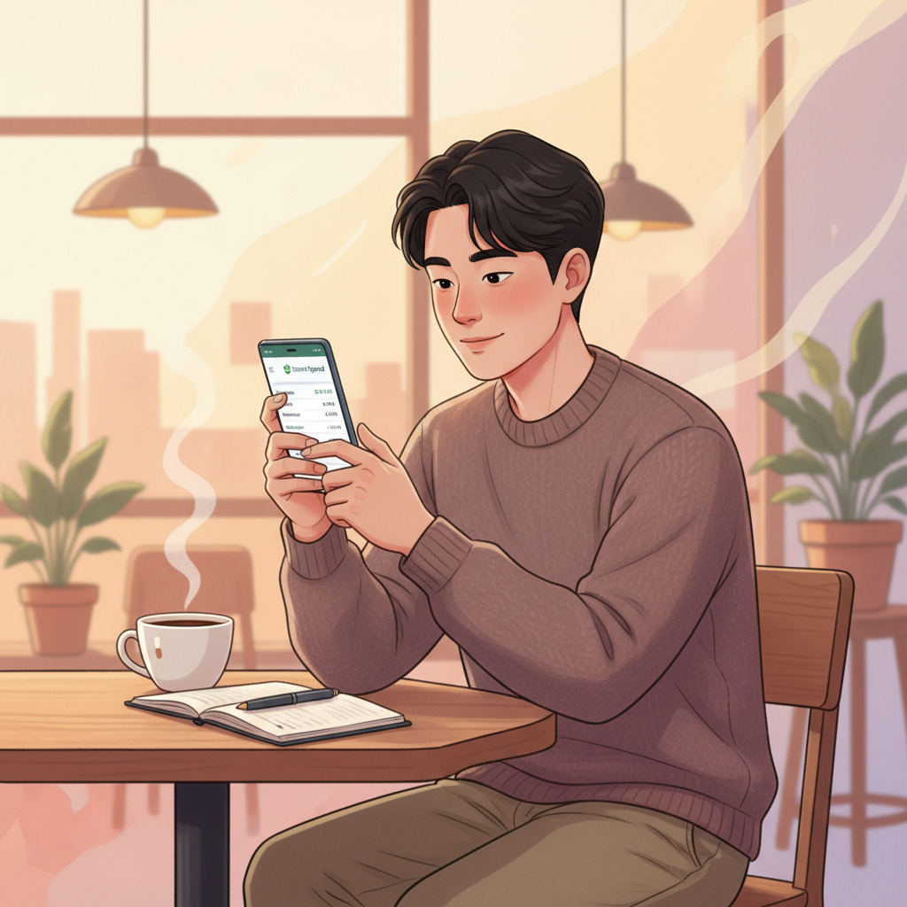 Illustration of Korean young adult checking smartphone with financial app, coffee shop setting, warm ambient lighting, lifestyle scene showing smart spending habits, modern casual atmosphere, gradient background with soft colors, realistic character design, no text