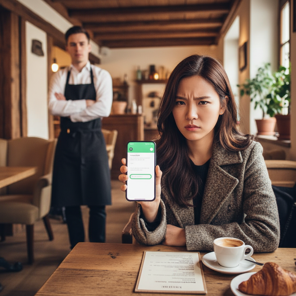 A Korean traveler sitting in a cozy Swiss cafe, looking impatient while holding a smartphone displaying a ChatGPT interface. The cafe menu is on the table, and a waiter is in the background, looking slightly annoyed. Style: lifestyle photography. No text.