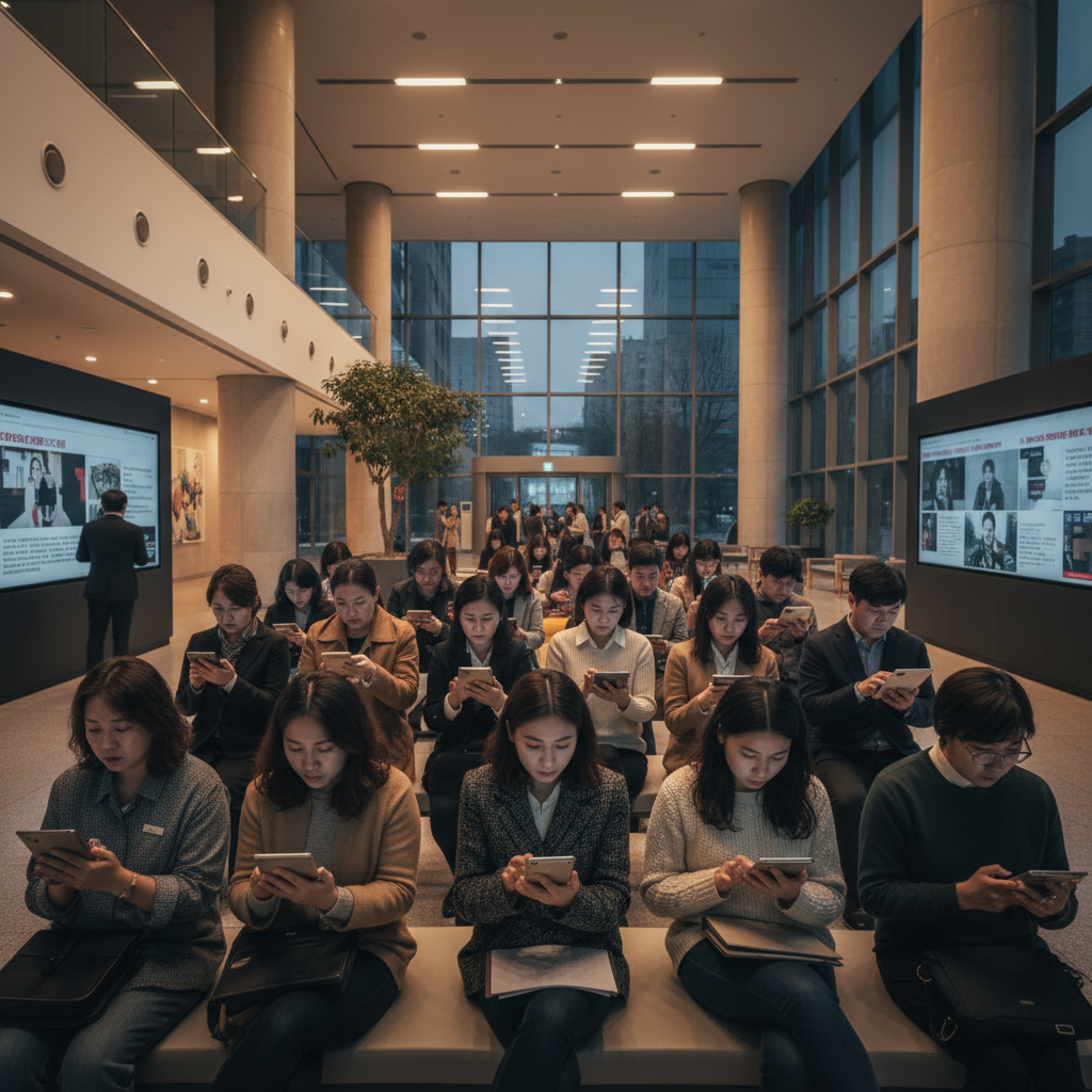 A diverse group of people of Korean appearance are gathered, each looking at digital screens displaying blurred news headlines related to a major public figure scandal. Their expressions range from concern to contemplation, reflecting public interest and ethical questioning. The setting is a modern, busy public space with a soft, ambient glow. No visible text on screens.