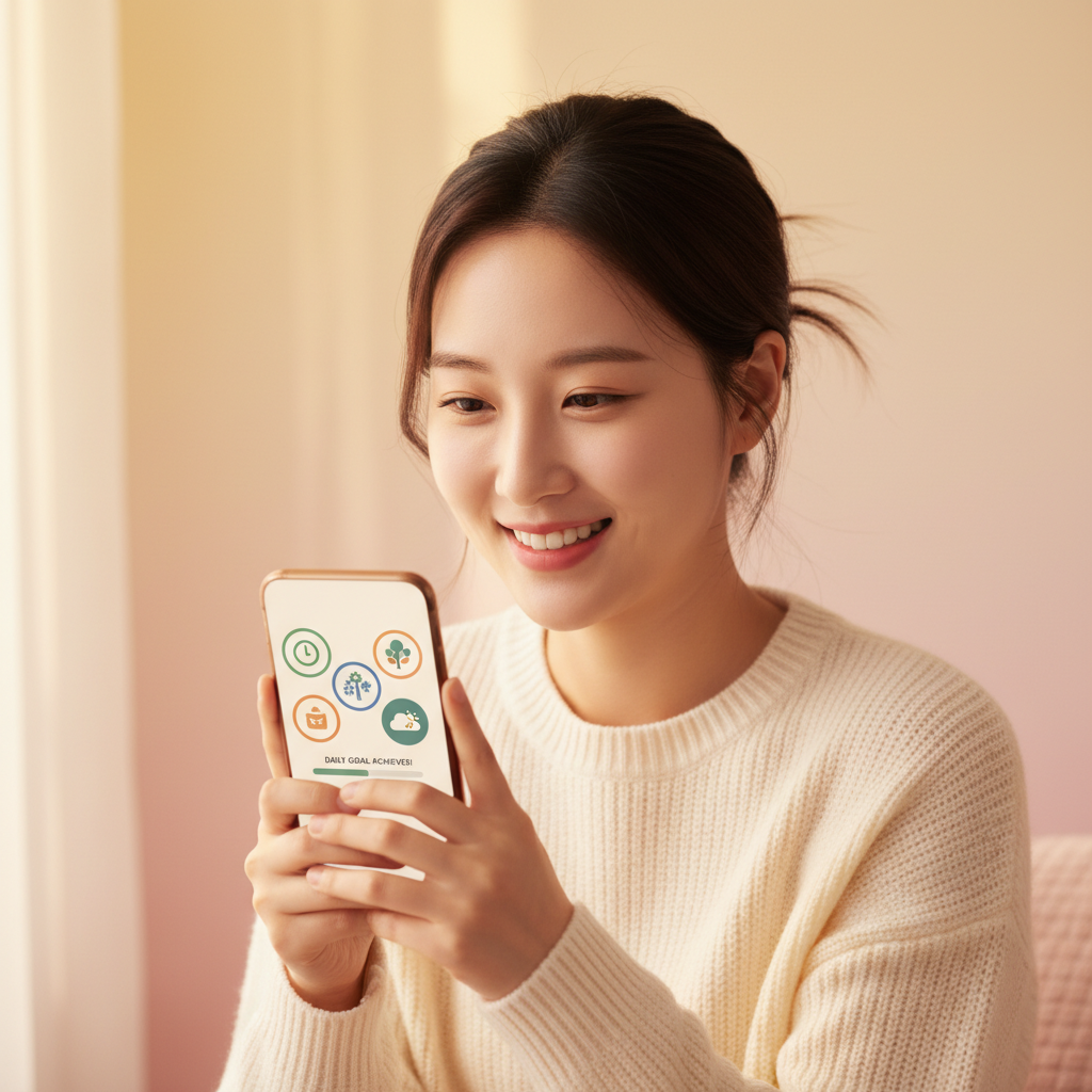 A young Korean woman looking happily at her smartphone screen, which displays digital badges for limiting screen time. The background is a soft, warm gradient. Style: lifestyle photography, warm lighting, natural setting. Centered focus, no empty margins, no visible text.