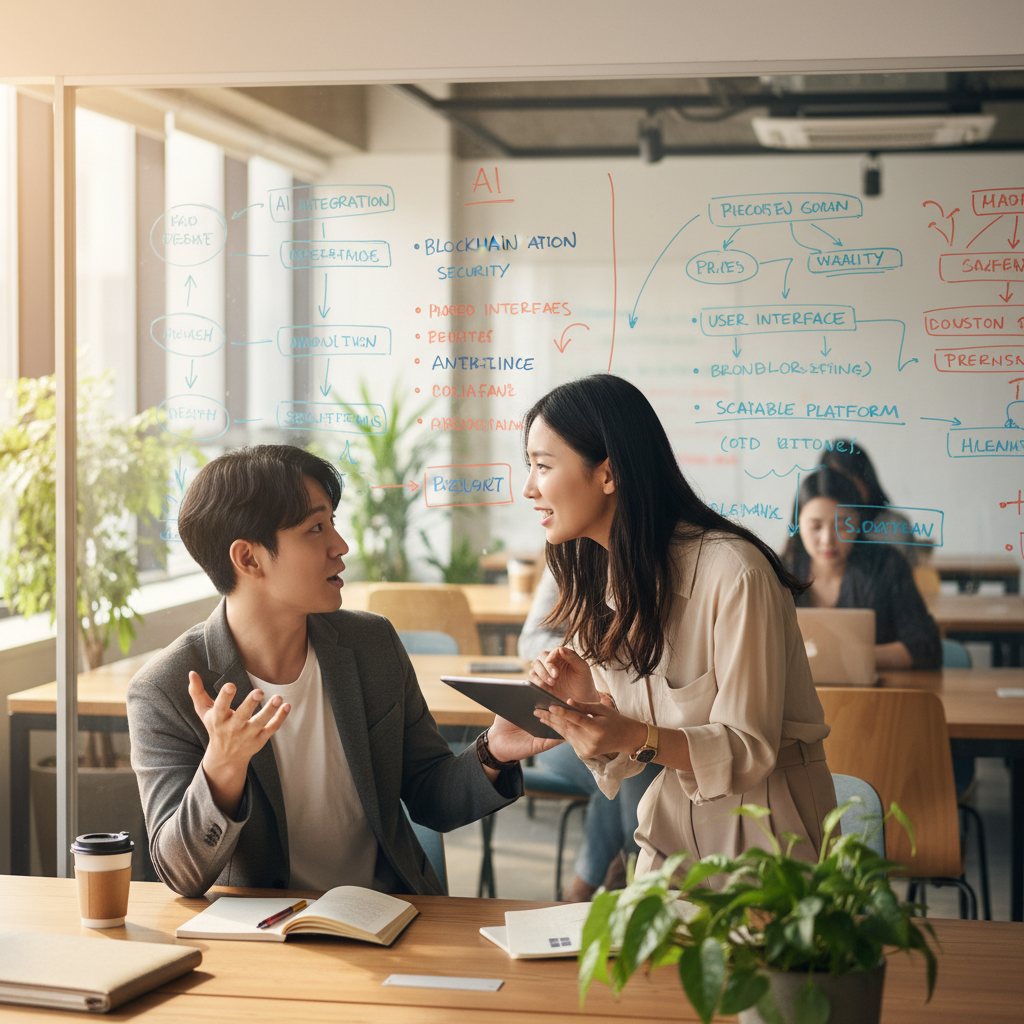 Two young, dynamic Korean entrepreneurs having an intense discussion in a brightly lit, modern co-working space, with a whiteboard full of ideas in the background. They are brainstorming a new tech solution. Style: lifestyle photography, warm lighting, natural setting. No text. Korean appearance people with natural expression.