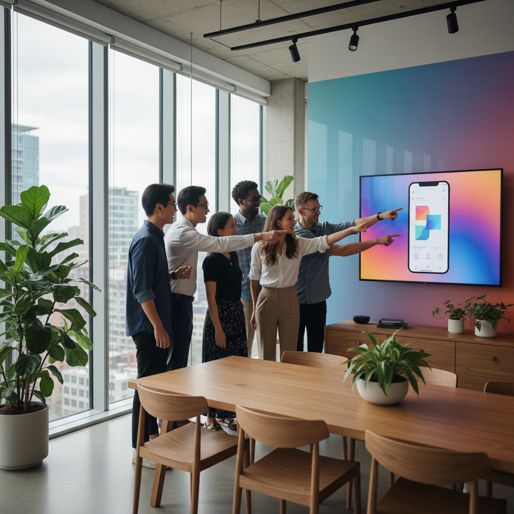 Diverse startup team collaborating around large monitor displaying app interface, modern tech office with glass walls and green plants, natural daylight from windows, energetic atmosphere, people pointing at screen with excitement, warm wooden furniture, colorful gradient wall background, no visible text