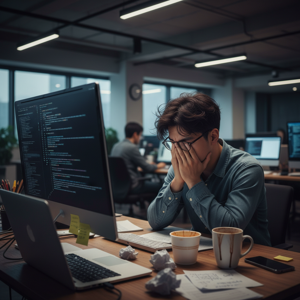 A Korean software engineer, looking overwhelmed, sitting in front of a computer screen displaying complex AI code. The desk is cluttered with notes and an empty coffee cup. The background is a modern but slightly dim office, conveying a sense of pressure. Style: lifestyle photography, balanced lighting, realistic details. No visible text.