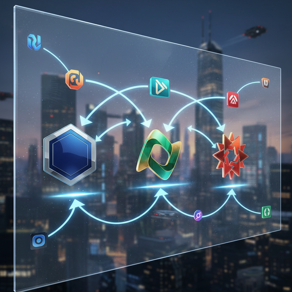A futuristic infographic depicting multiple smaller streaming service logos converging towards a few larger, more dominant platforms. Arrows indicate a trend of consolidation and scale. Emphasize the idea of "fewer umbrellas" in the streaming world. Clean, modern design, no text.