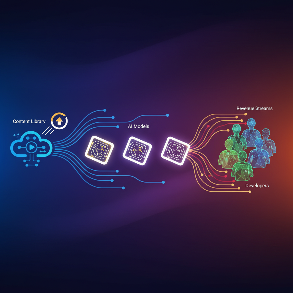 clean infographic, modern layout, high contrast, showing content flowing from a streaming service library to various AI models and developers, with revenue streams returning. No visible text, gradient background, bright lighting, no empty margins.