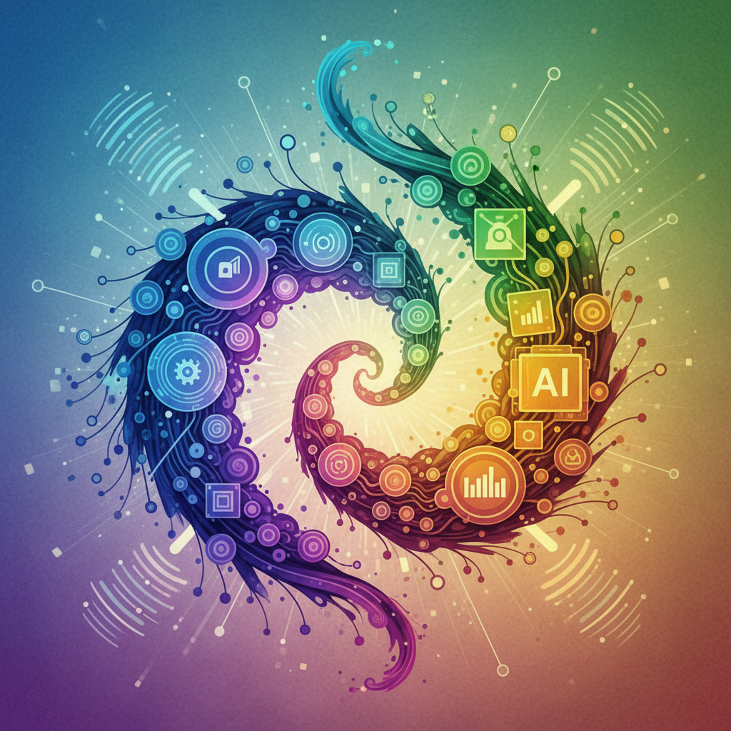 abstract illustration, artistic rendering, textured background, showing a dynamic connection between streaming platforms and artificial intelligence. Emphasize synergy and future growth. No visible text, colored background, balanced lighting, no empty margins.