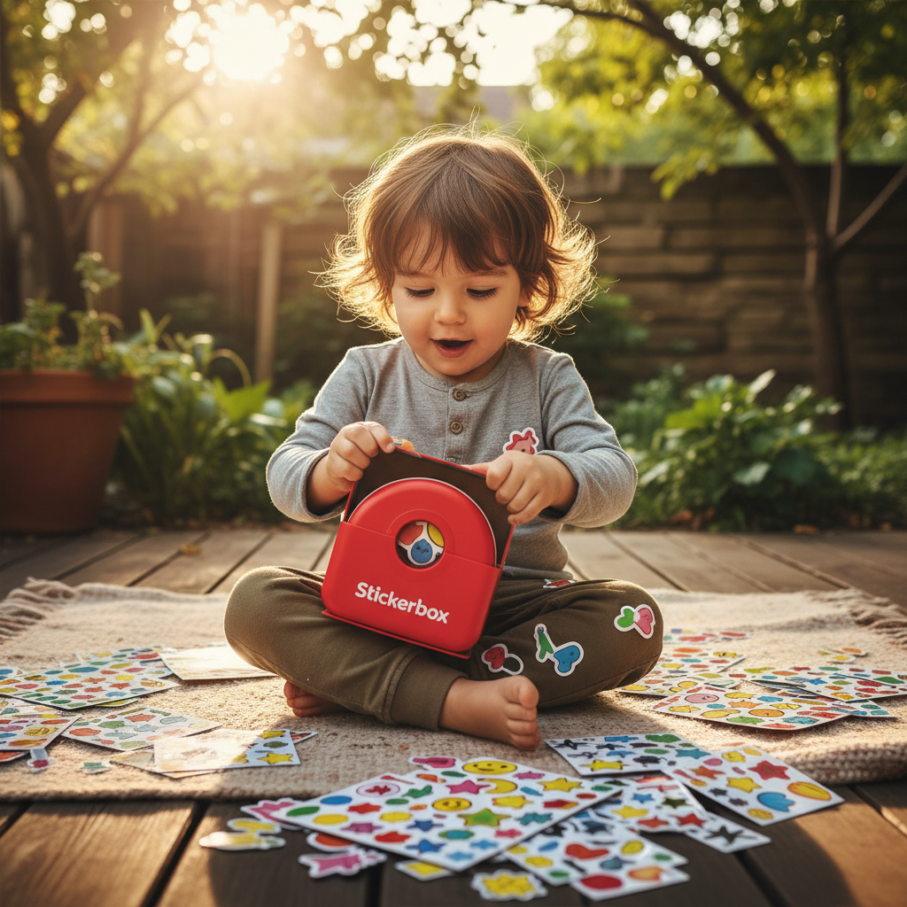 A child excitedly unboxing a red Stickerbox device, with colorful stickers scattered around. The child has a look of wonder and anticipation. Lifestyle photography, warm lighting, natural setting, textured background, no visible text.