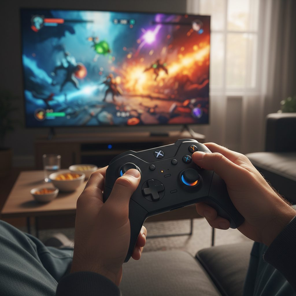 A close-up of a wireless game controller held in hands, with a vibrant, action-packed video game running on a large TV screen in the slightly blurred background. Focus on the immersive gaming experience. Natural lighting, comfortable setting. No text.