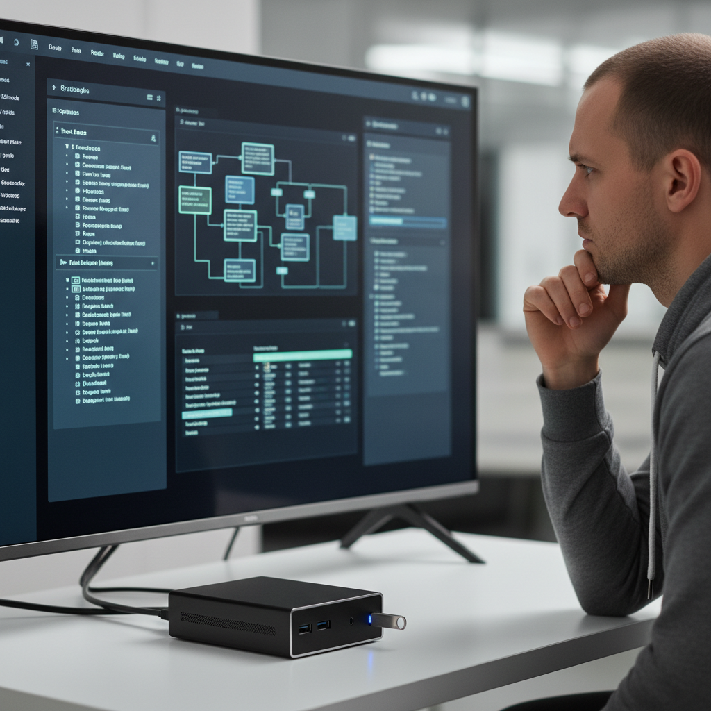 A close-up shot of a TV screen displaying a complex operating system installation interface, with a USB flash drive connected to a mini PC in the foreground. A person is looking at the screen with a thoughtful expression. Modern tech setup, clean lines. No text.
