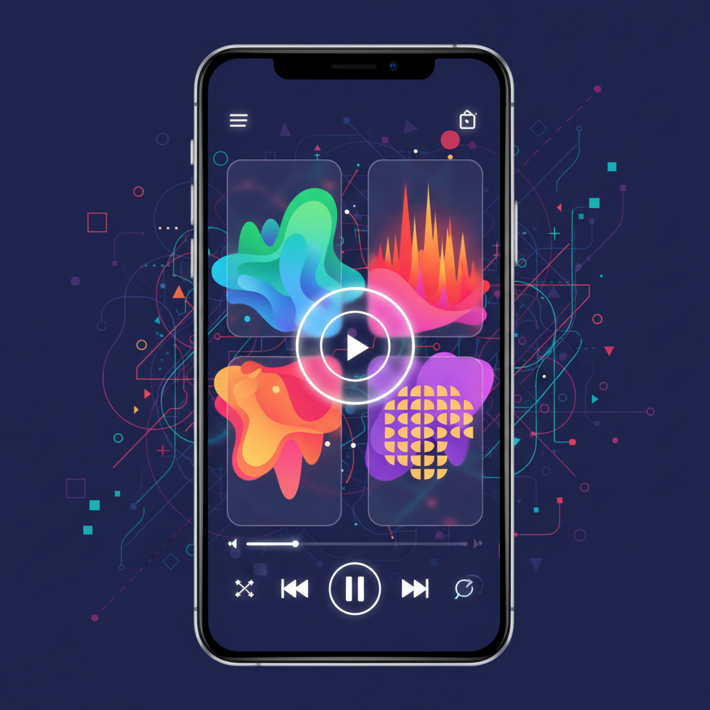 A modern smartphone displaying the Spotify app interface, with vibrant visualizers representing diverse music genres. The background features subtle, intertwined lines and shapes symbolizing connections between artists and songs. Style: clean infographic, modern layout, high contrast. No visible text, colored background.