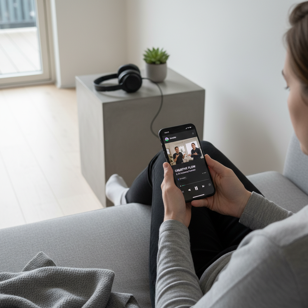 Person using smartphone with Spotify app interface showing video podcast content, modern lifestyle setting with headphones nearby, natural lighting, clean and contemporary atmosphere, realistic photography style, no text