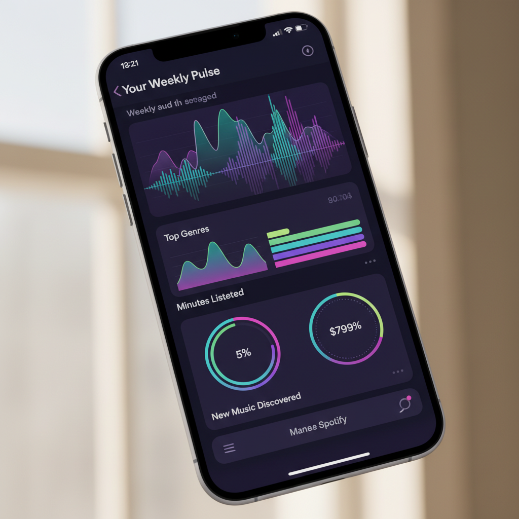 A modern smartphone screen displaying Spotify app interface with colorful music statistics and charts, weekly listening data visualization, clean UI design with purple and green accents, soft ambient lighting, realistic mobile app photography, no text in image