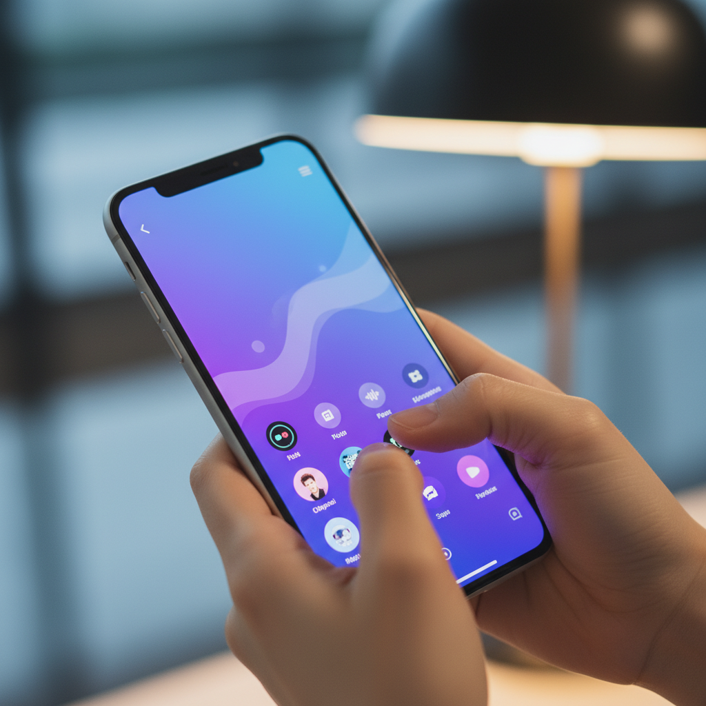 A modern music streaming interface showing trending songs on a smartphone screen held by hands, with vibrant purple and blue gradient background, warm indoor lighting, realistic digital display, Korean appearance hands, lifestyle photography style, no text visible on screen