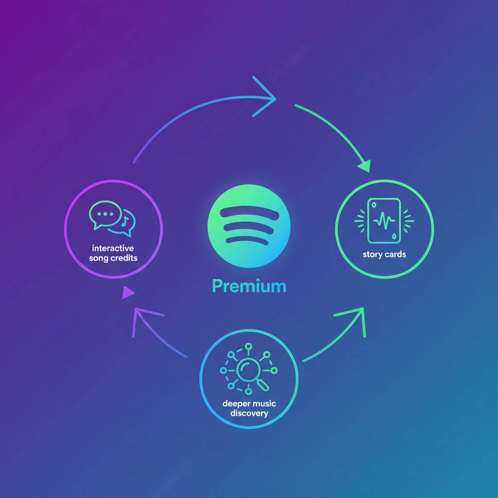 A vibrant infographic featuring a stylized Spotify Premium logo at its center, surrounded by icons representing new features like interactive song credits, story cards, and deeper music discovery. Arrows and subtle lines connect these elements, implying enhanced user experience. Style: clean infographic, modern layout, high contrast. No visible text, gradient background.