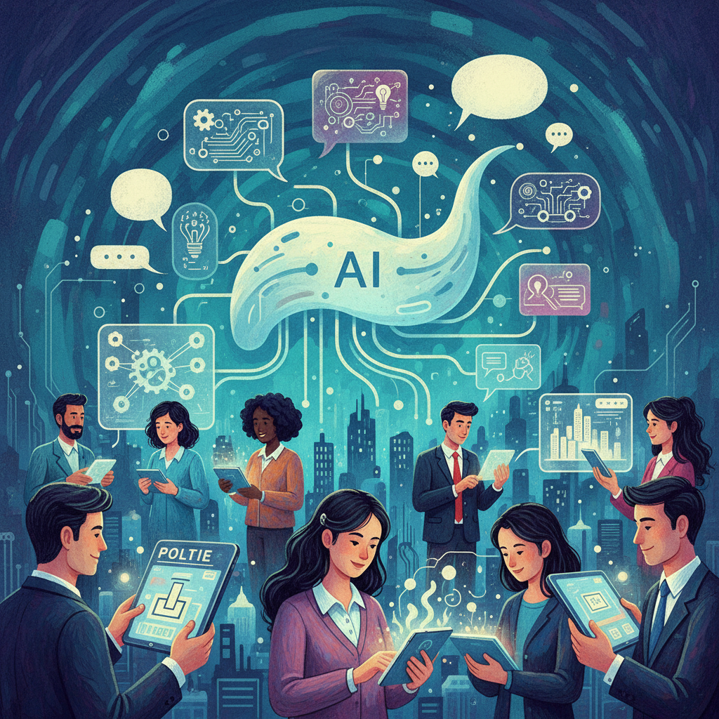 A vibrant illustration of citizens actively participating in democratic processes through AI-powered tools, with speech bubbles and diverse user interfaces. Style: illustration, artistic rendering, textured background. No visible text.